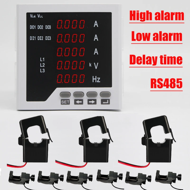 

3 phase ampere voltage frequency panel meter with 2 alarm relay switch signal output RS485 with 3pcs CT and 6pcs voltage clamps