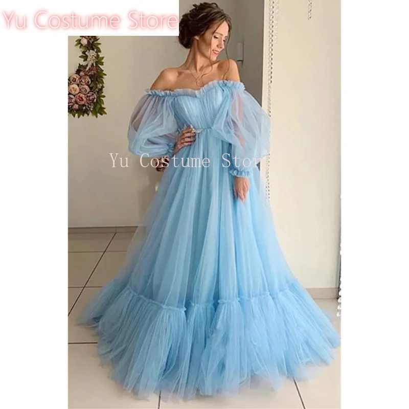 

Yu Pretty Womens Cute Solid Long Sleeve Slash-Neck Gauze Long Full Dress Temperament High Waist Pleated Dress Femino Woman