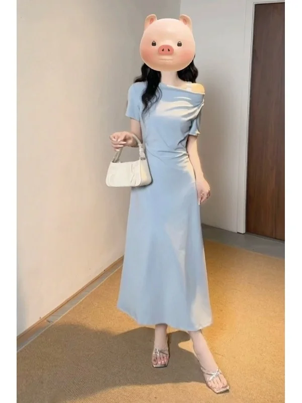 

plus Size Shoulder Bared Short Sleeve Long Dress Elegant Summer New Style Waist Cinching Slimming Design over Knee A-Line Dress