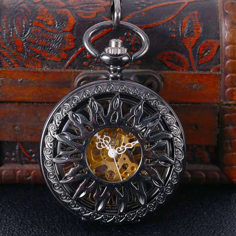 Black FlamePattern Mechanical Pocket Watch Roman Scale Large Mechanical Pocket Watch