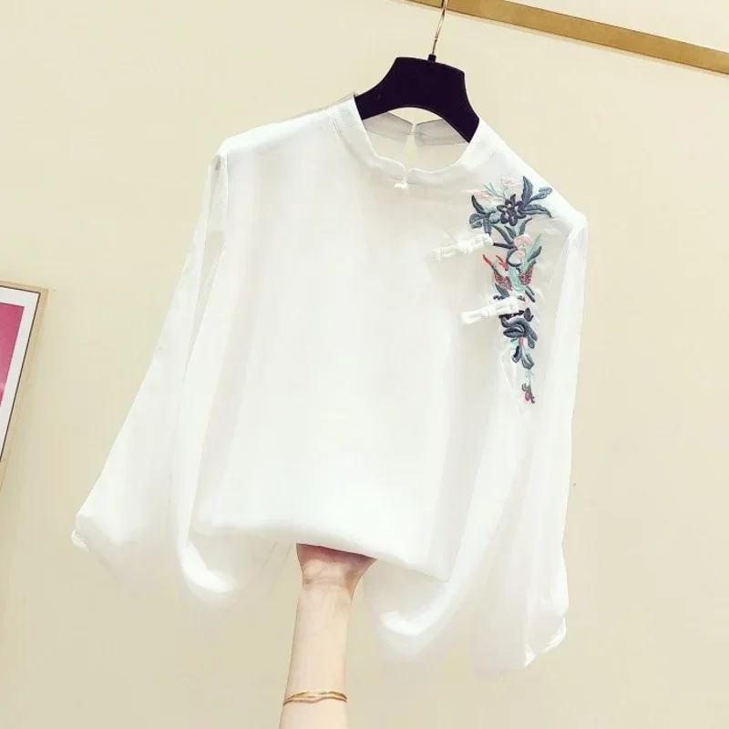 Women elegant Hanfu chiffon qipao tops Korean fashion shirts Chinese style embroidery retro blouse Vietnam long sleeve T-shirt 1