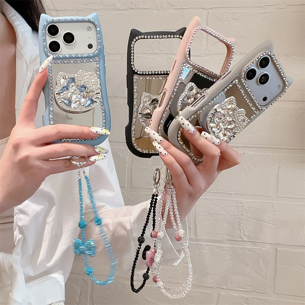 

Kawaii 3D Ear Mirror Phone Case with Diamond HelloKitty Stand Cover for iPhone 13 14 17 Pro Max 15 Pro 16 Plus Cover with Chain