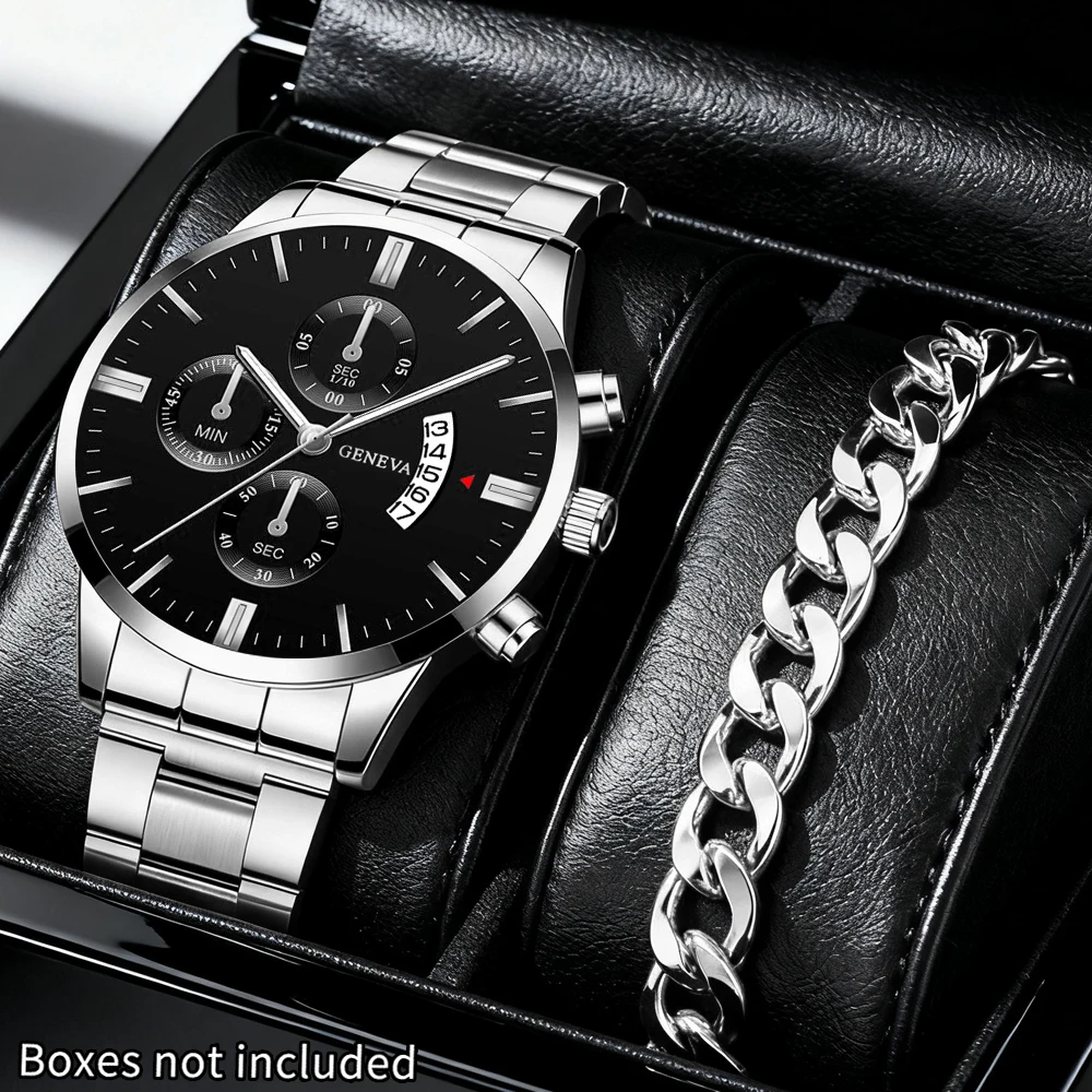 2pcs handsome and trendy quartz men's watch and simple bracelet combination set holiday gift
