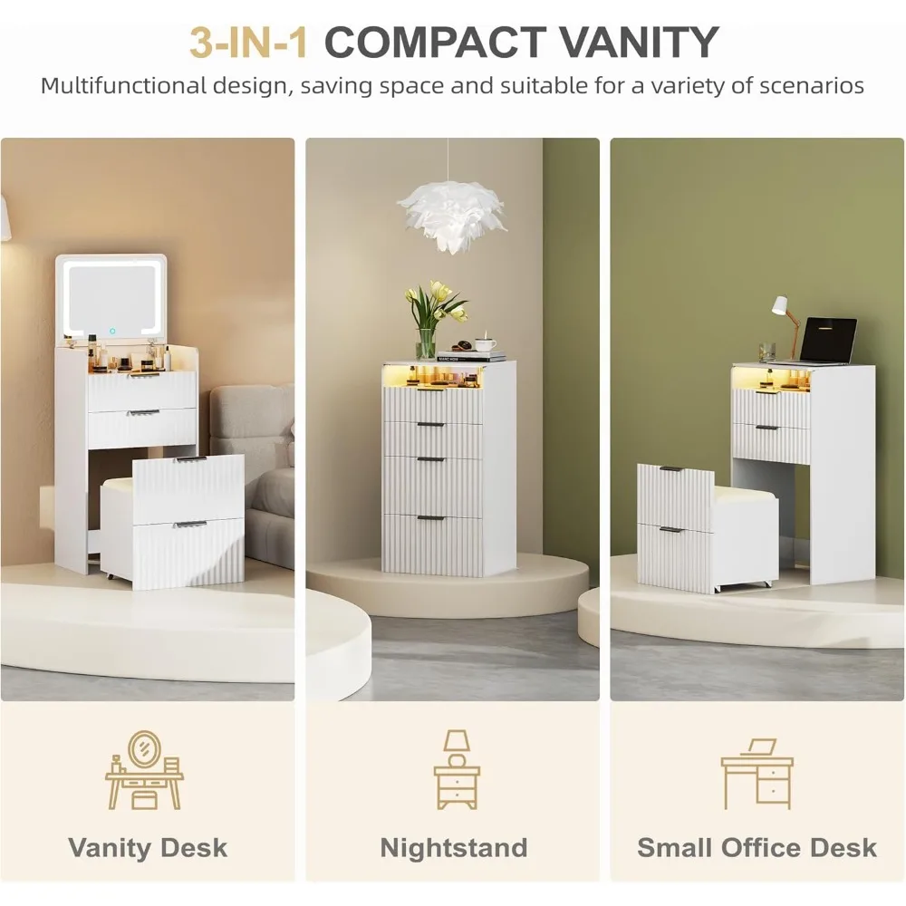 مكتب زينة صغير 3 في 1 مع مرآة علوية قابلة للطي، مجموعة زينة للمكياج مع سطح مكتب زجاجي مرئي، زينة مدمجة مع 3 أدراج،