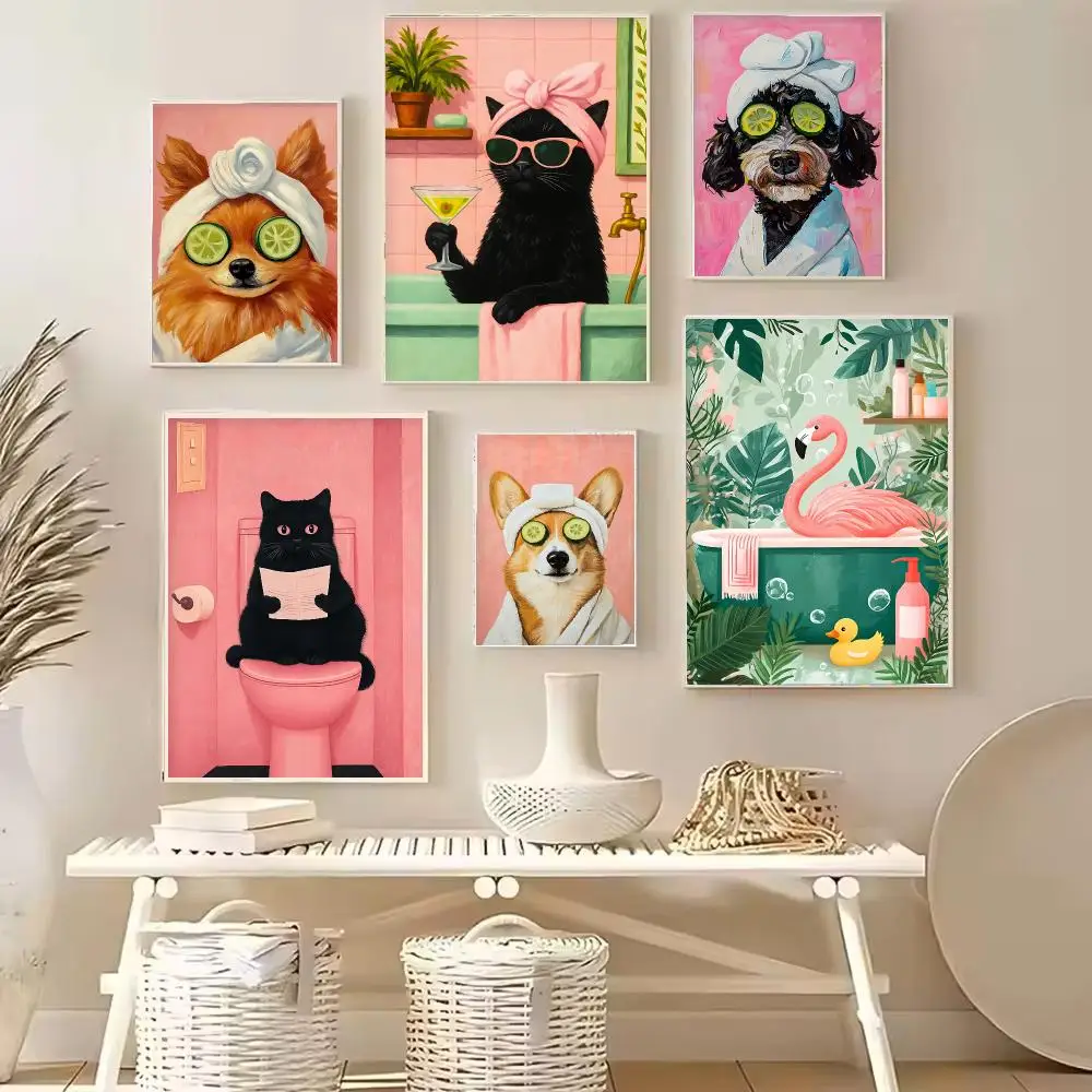 Cat Martini Bathtub Black Cat Reading on Toilet Dog Spa Poster Canvas Wall Art Print for Bathroom Home Decor