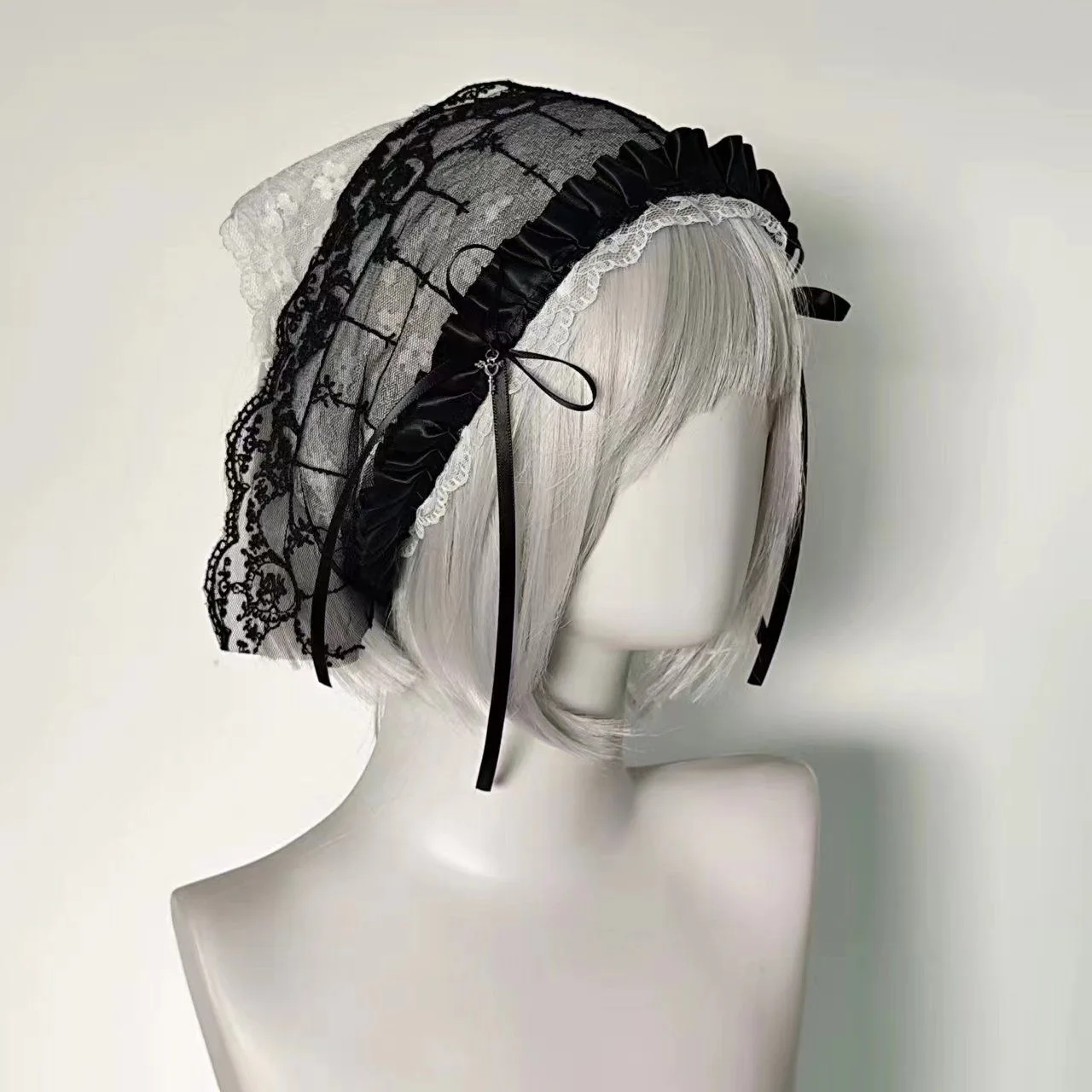 Lace Flower Elegant Black White Y2K Dark Subculture Cross Triangle Scarf Lolita Spicy Girl Hair Accessories Travel Photo