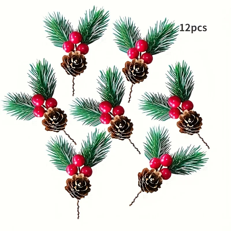 12pcs Artificial Pinecone with Red Berries Ornament, Christmas Decoration, Pine Needle Christmas Tree