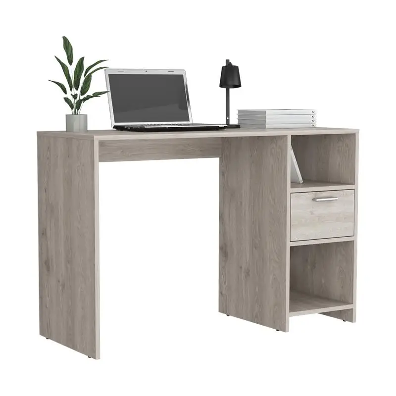 Light Gray Computer Desk with 1 Drawer & 2 Open Shelves for Storage