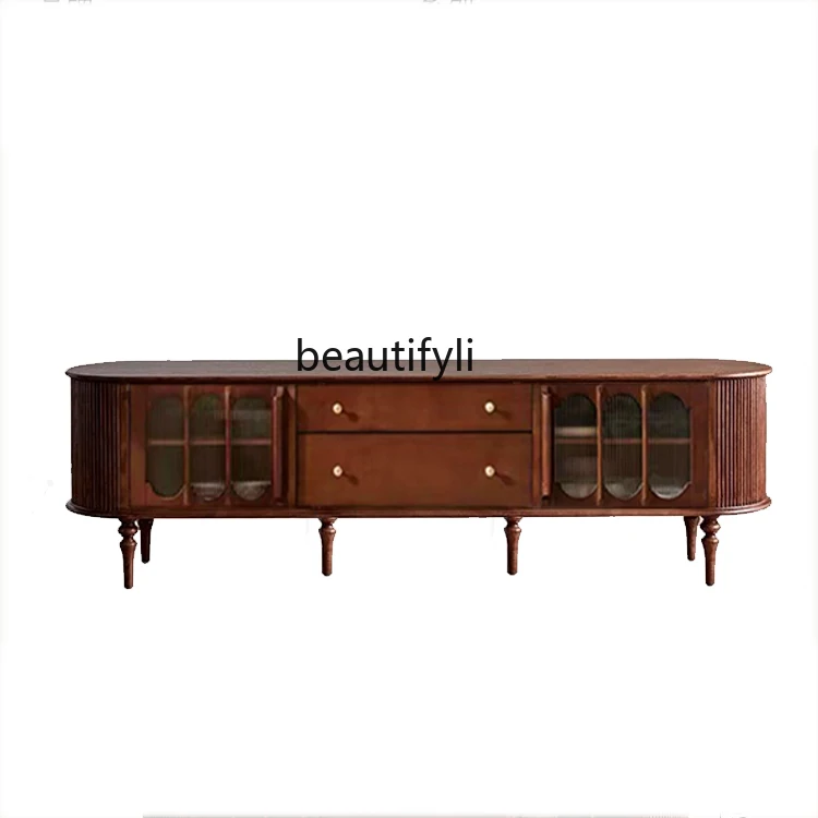 

French Retro TV Cabinet and Tea Table Solid Wood American Light Luxury Furniture Pure Log Walnut Color Living Room Suite