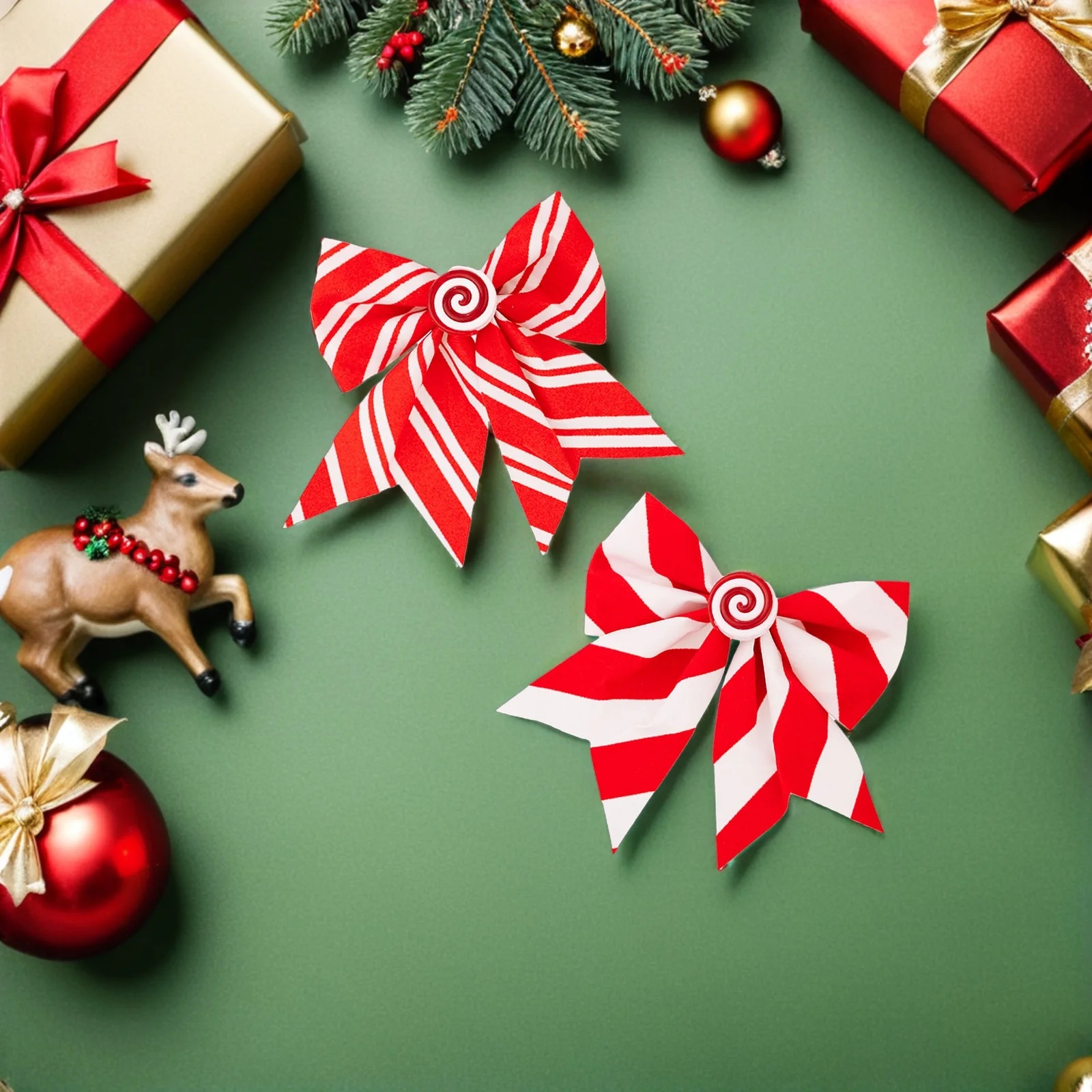 

6Pcs Red and White Striped Christmas Tree Bows Large 6.29x5.5 Inch Wire Edge Bow Ornaments Wreath Garland Holiday Decoration