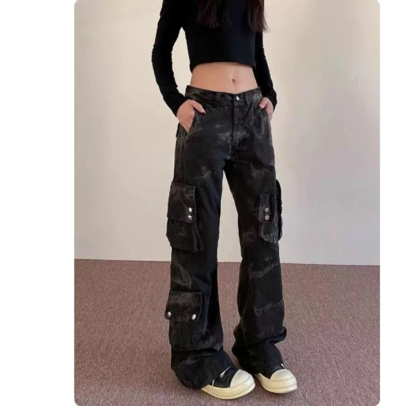Fashion Retro Cargo Pants Washed Multi-pocket Overalls Women's High Street Micro-horn Trousers Trendy Bottoms XXXL Black
