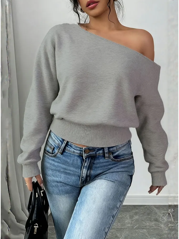 

Batwing Long sleeve Knitted Pullover Women 380g Thick Off shoulder Top Korean Fashion Sweater Loose Casual Autumn Outwear Pull