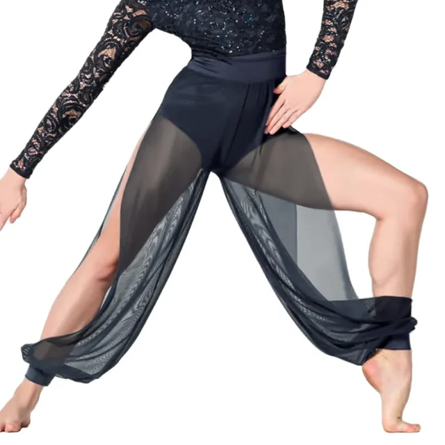 Sportowe spodnie z siatki dla kobiet z wysoką talią, luźne, z szerokimi nogawkami, oddychające, szybkoschnące, przycięte spodnie Plus Size Modern Lyrical Dance Wear