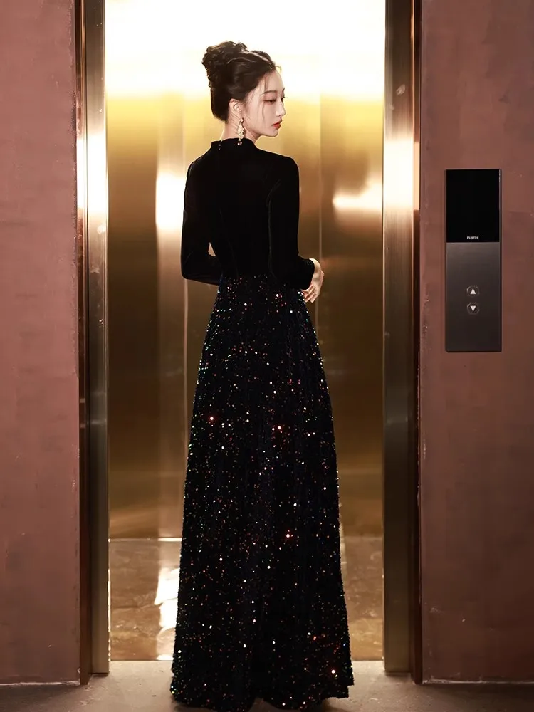 Customized Black Prom Dresses A-Line Sequin Dresses Woman Party Night Prom Dresses with Sleeves