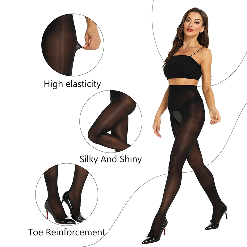 Kave 2 Pairs Shiny Sheer Tights Open Crotch pantyhose for Women Black Sexy High Waist shimmery tights Oil Shimmery Stocking