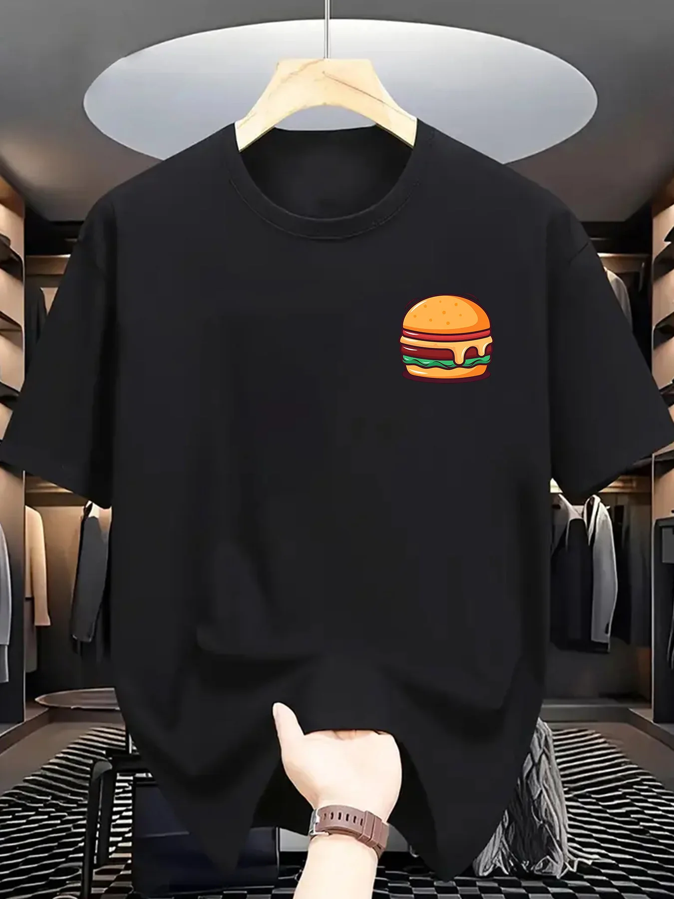 Warm Brown Tee Mini Melted Cheese Hamburger Left Chest Graphic Mens Short Sleeve Crew Neck Tiny Food Casual Daily Soft Top