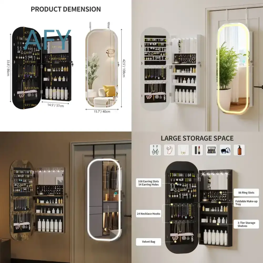Oval LED Light Jewelry Cabinet for Wall Mounted Display Storage Mirror Cabinet with Lockable Full Body Multi Function