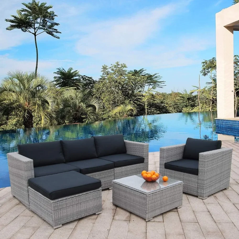 6pcs Patio Furniture Set PE Gray Rattan Wicker Sectional Outdoor Sofa Set Outside Couch w/ Washable Seat Cushions