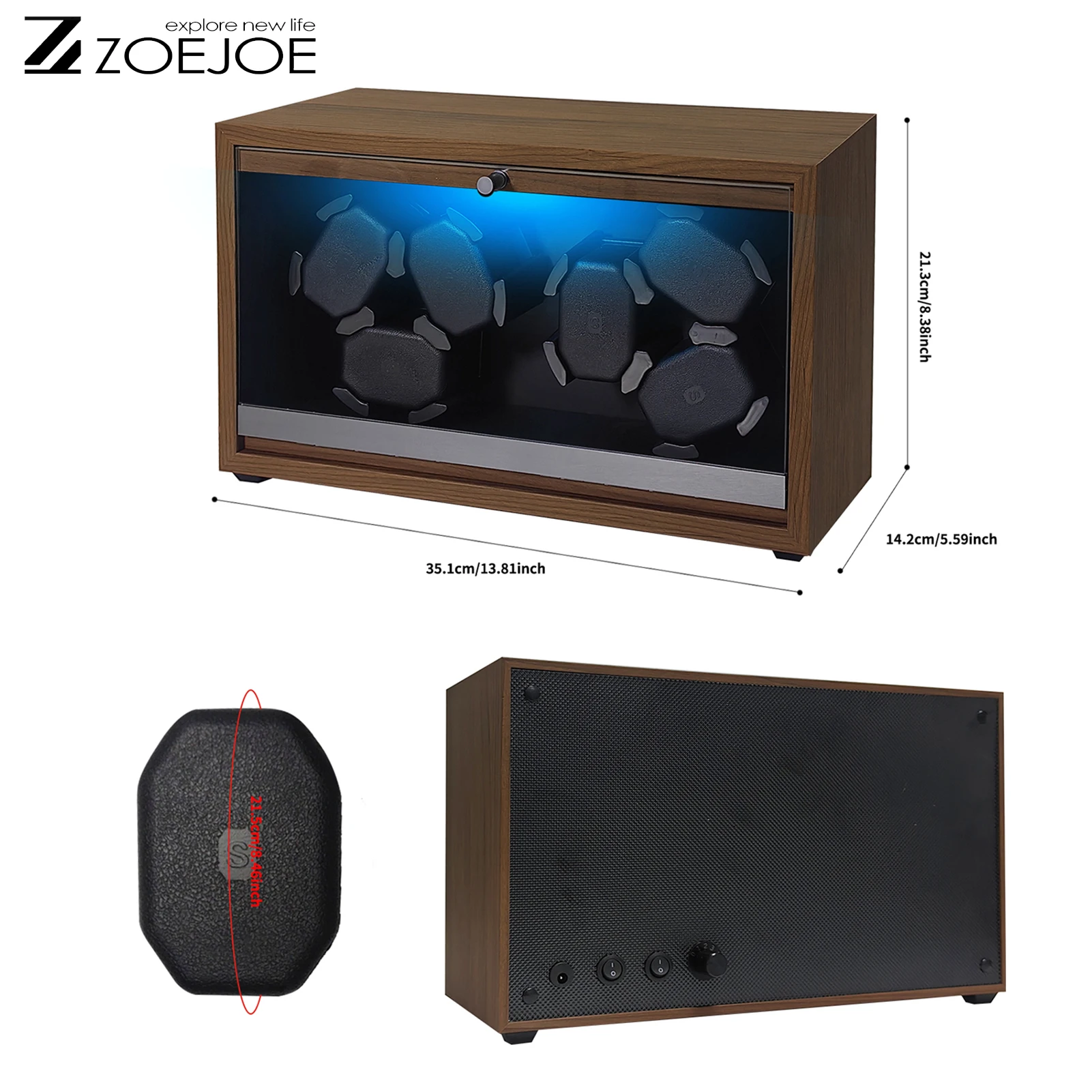 ZOEJOE Automatic Watch Winder With LED Light 6 Slots Quiet Motor Soft Adjustable Pillow PU Leaher USB Cable Watch Winders Gifts