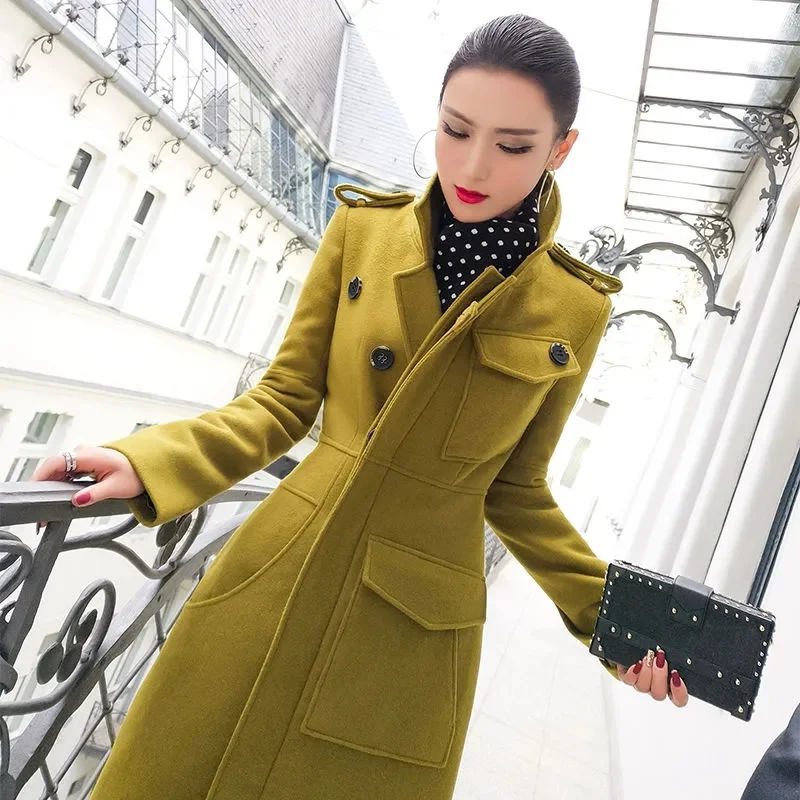 2023Autumn Winter Clothing New Korean Version of Commuter Temperament Slim Slim Mid-length Woolen Coat Woolen Coat Fashion Woman