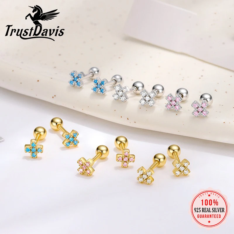 

TrustDavis Real 925 Sterling Silver Fashion Sweet Colored Zircon Cross Screw Earrings for Women Girls Jewelry Gift DS4758