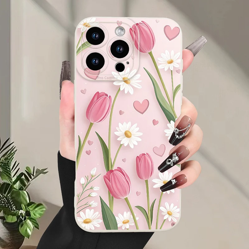Pink Tulip Flowers Silicone Soft Phone Case For iPhone 17 Pro Max 16 15 14 13 12 11 Pro 17 Air 16E XS X XR 7 8 Plus Cover