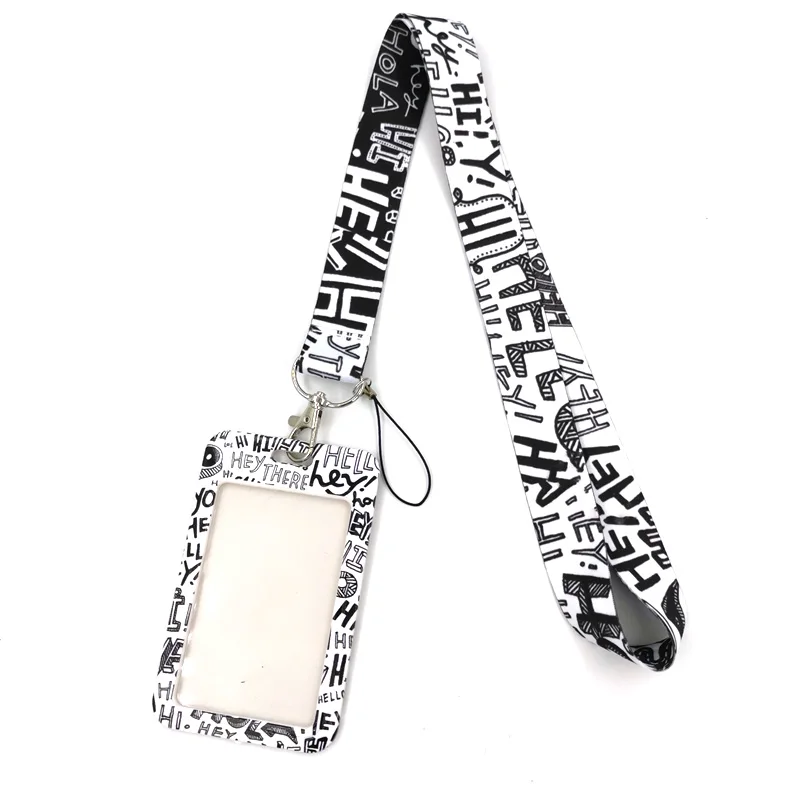 White Hello Hey Funny Letters Lanyard Credit Card ID Holder Bag Student Women Travel Card Cover Badge Car Keychain Decorations