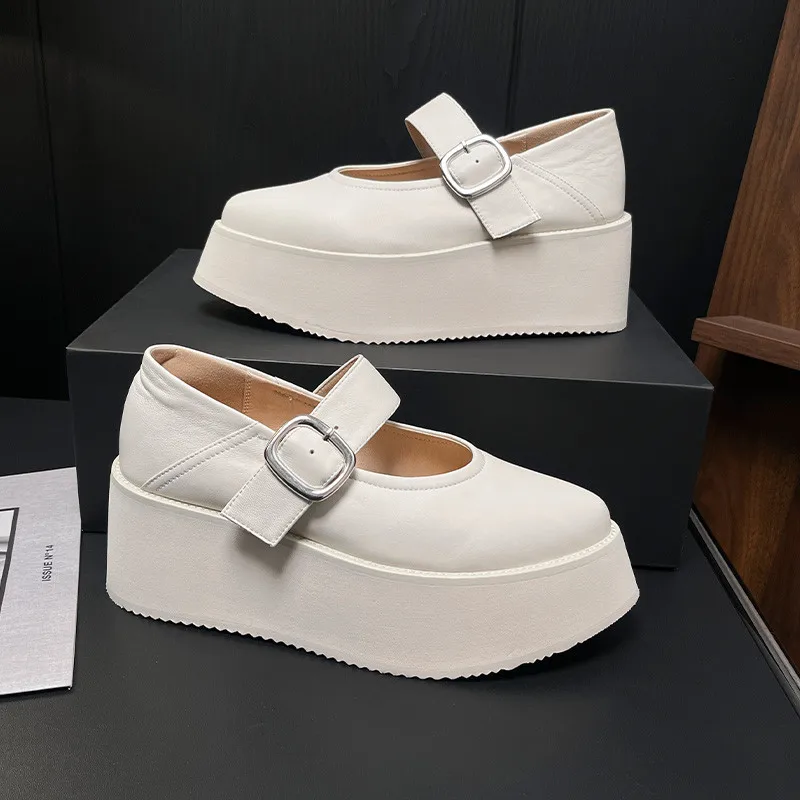 MKKHOU Fashion Pumps New High Quality Genuine Leather Pointed Thick Soled Shoes Elevated Flat Heels Mary Janes Women's Shoes