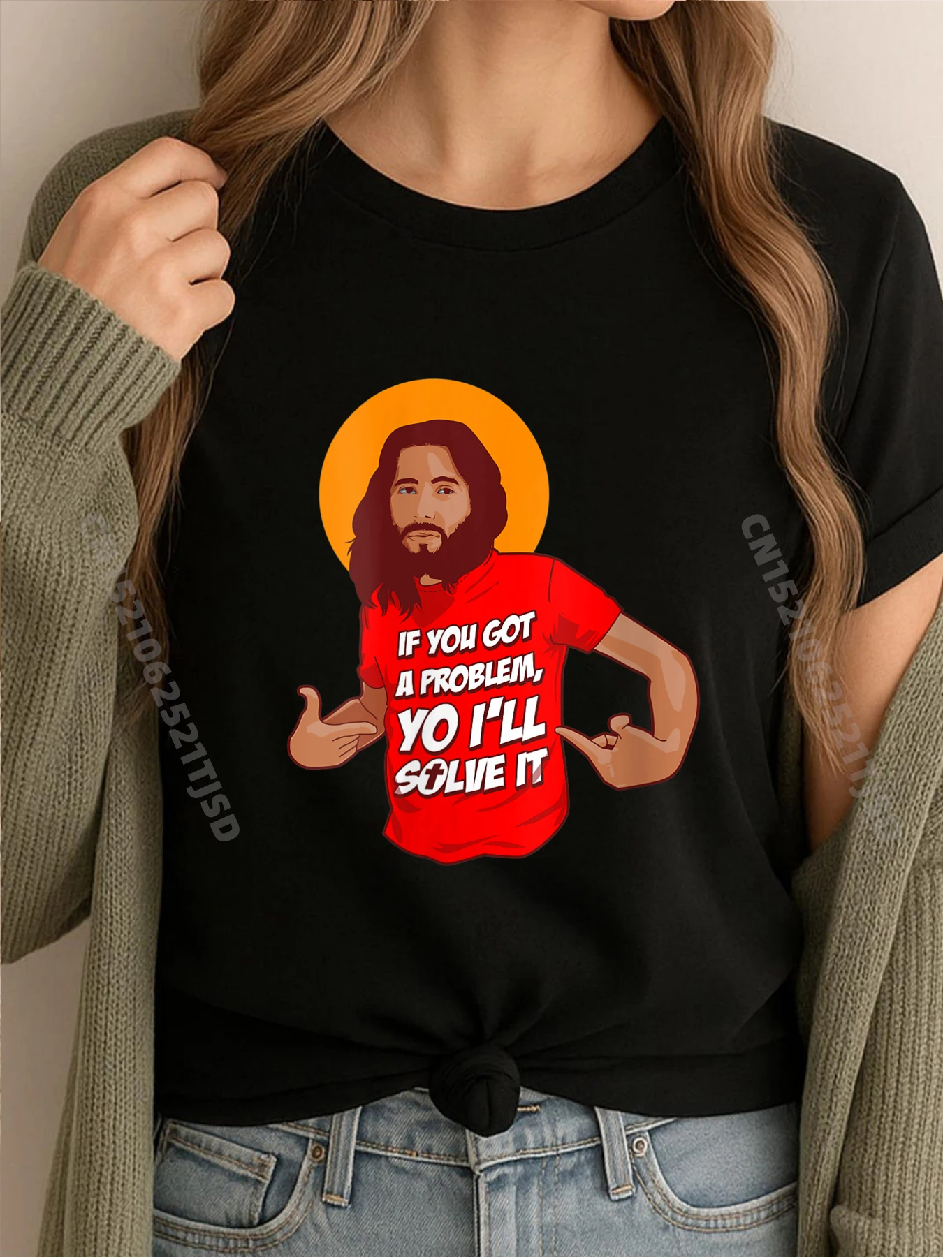 

Womens Jesus Christian Meme Yo I Ll Solve It Christmas Printed T-Shirt T Shirts Washed