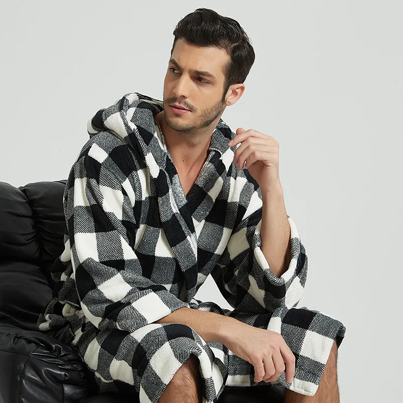 Couple Warm Bathrobe Men's Kimono Gown Black White Checkered Robe Autumn Winter Flannel Nightwear Female Sexy Lingerie Sleepwear