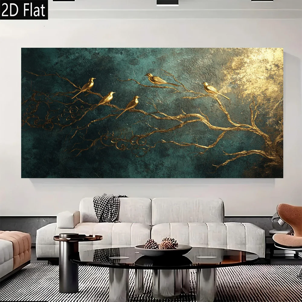 2D Flat Large Frameless Golden Birds on Branches Canvas Wall Art - Vintage Teal & Golden Canvas Prints for Living Room Decortion