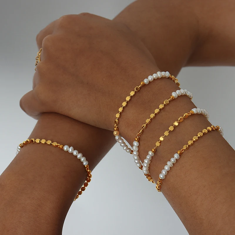 Stainless Steel Beaded Bracelets For Women Natural Freshwater Pearl 18K Gold Plated Waterproof No Tarnish Women's Hand Bracelet