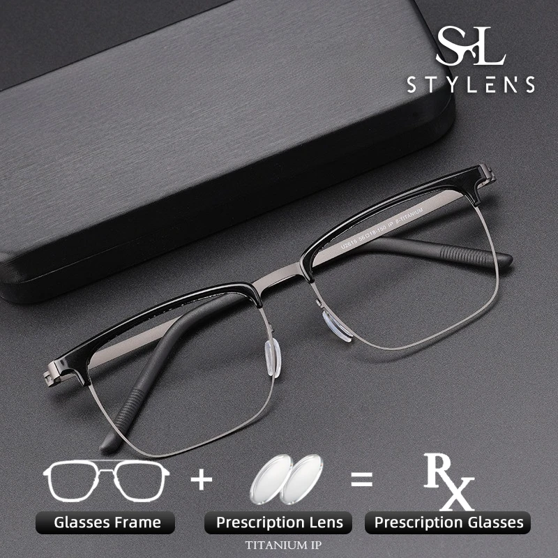 

STYLENS Business Ultralight Design Pure Titanium Photochromic Glasses Men's Square Anti Blue Ray Prescription Customization 2615