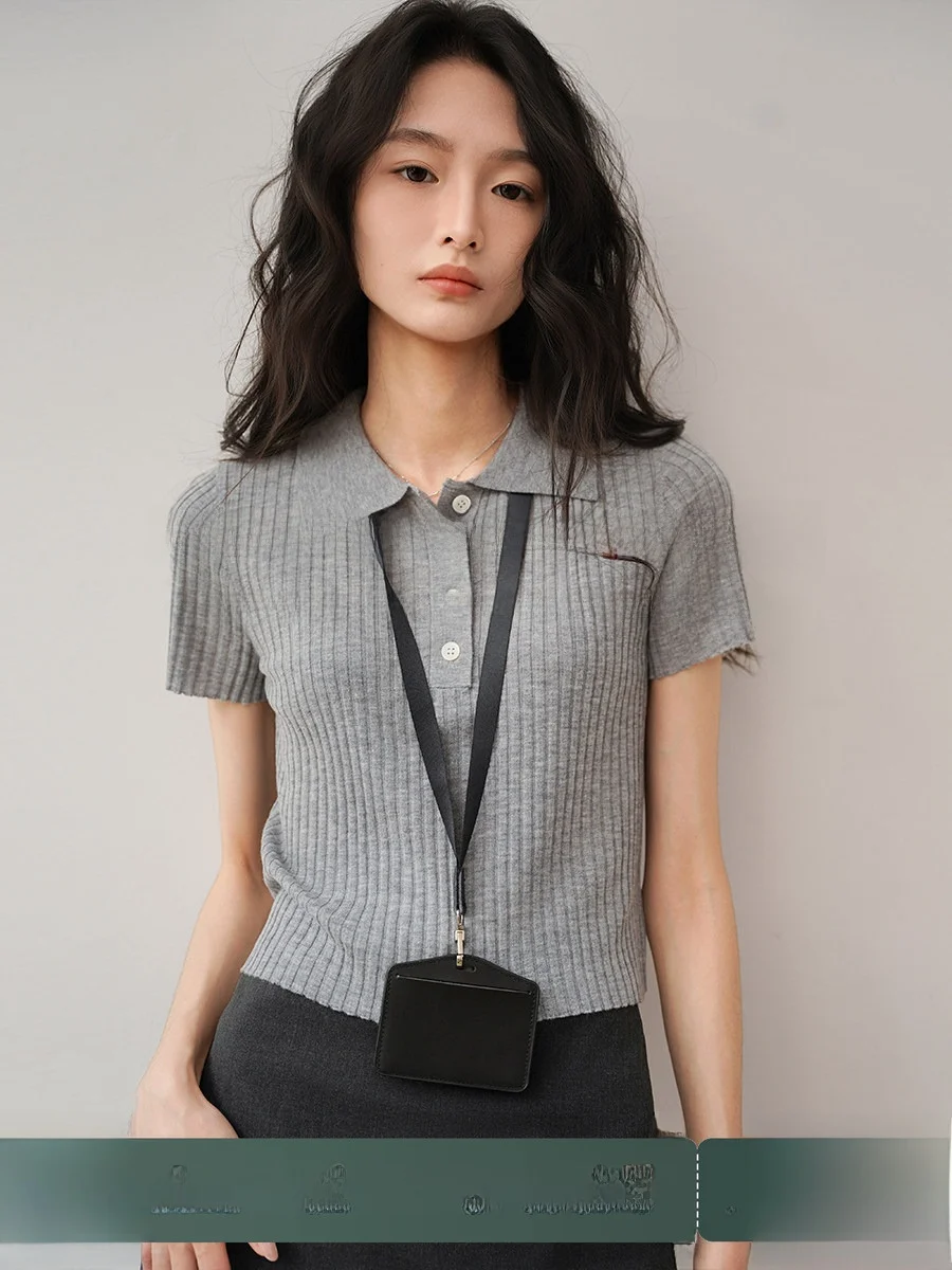 

Achu Simple Faion ey Collar ort Sve T-irt Women Summer oulder irt Base ort Top Knitted Regular Fit