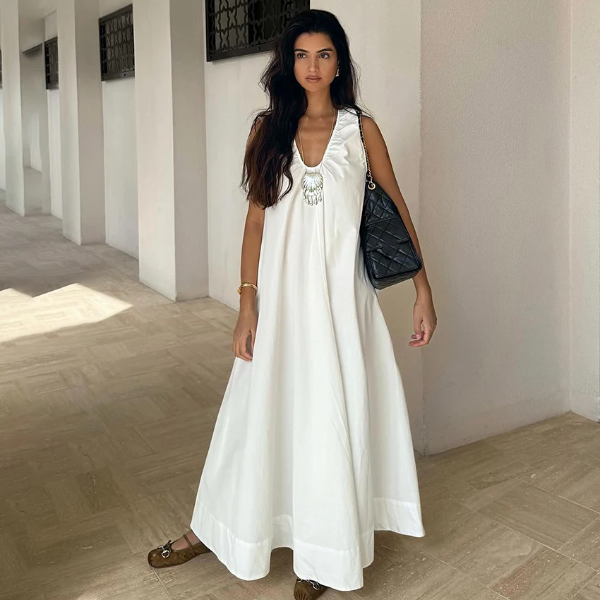 

Linad Summer Loose Holiday Dresses For Woman Casual Sleeveless White Long Dress Sexy V Neck Women A Line Dress Beach Style 2025