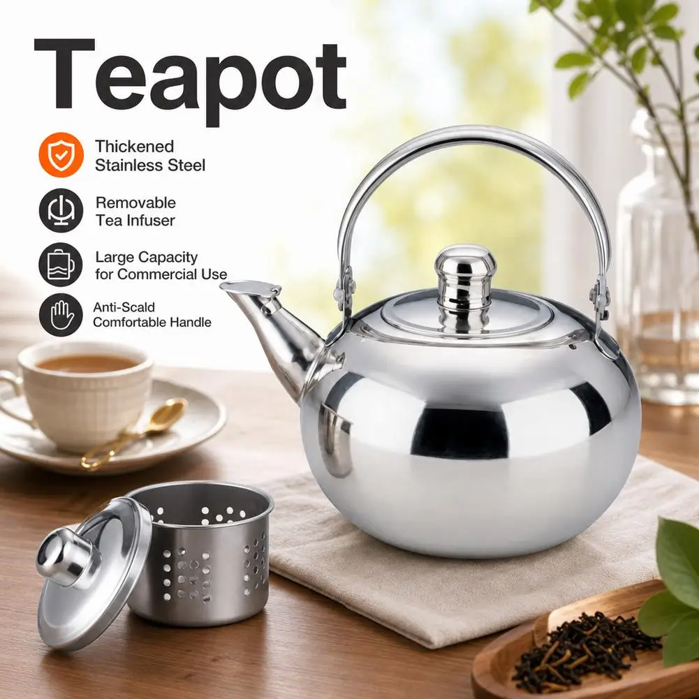 Stainless Steel Teapot With Infuser Strainer Gas Stove Kettle Large Capacity Thickened Water Pot Home Kitchen Camping Outdoor