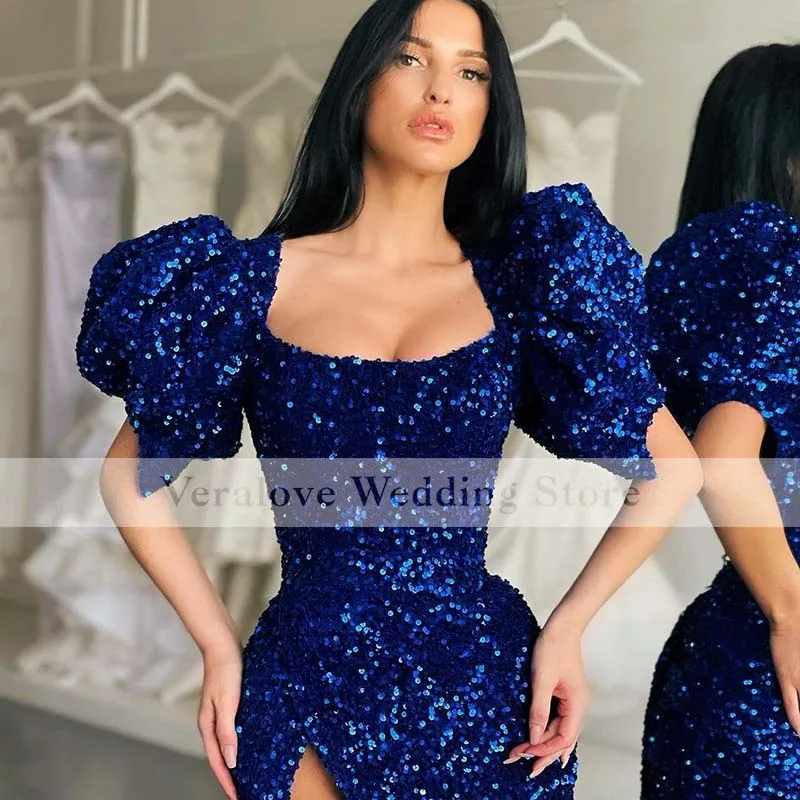 로얄 블루 인어 이브닝 드레스 2021 특종 스팽글 레이스 슬릿 댄스 파티 드레스 Vestido De fista De Boda