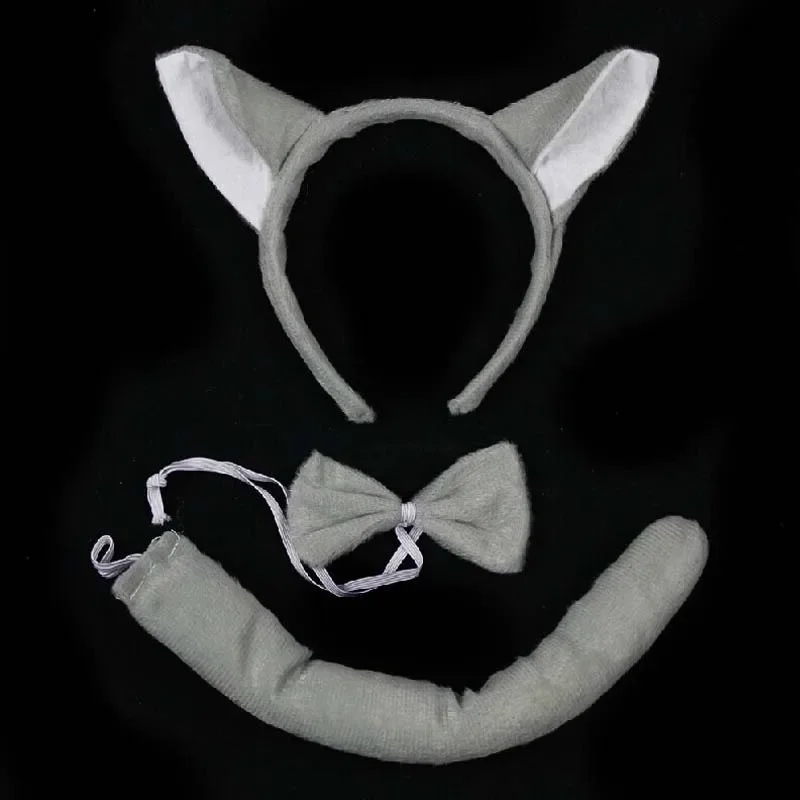 Party Männer Junge grau Wolf Stirnband Fliege Schwanz Set für Geburtstags geschenk Tier Haar bänder Plüsch Halloween Kostüm Cosplay