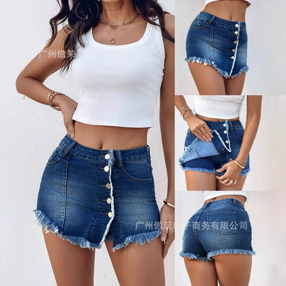 Frauen Sexy Sommer Frühling Taste Vordertasche Design Denim Rock Casual Asymmetrische Quaste Dekor Split Rock