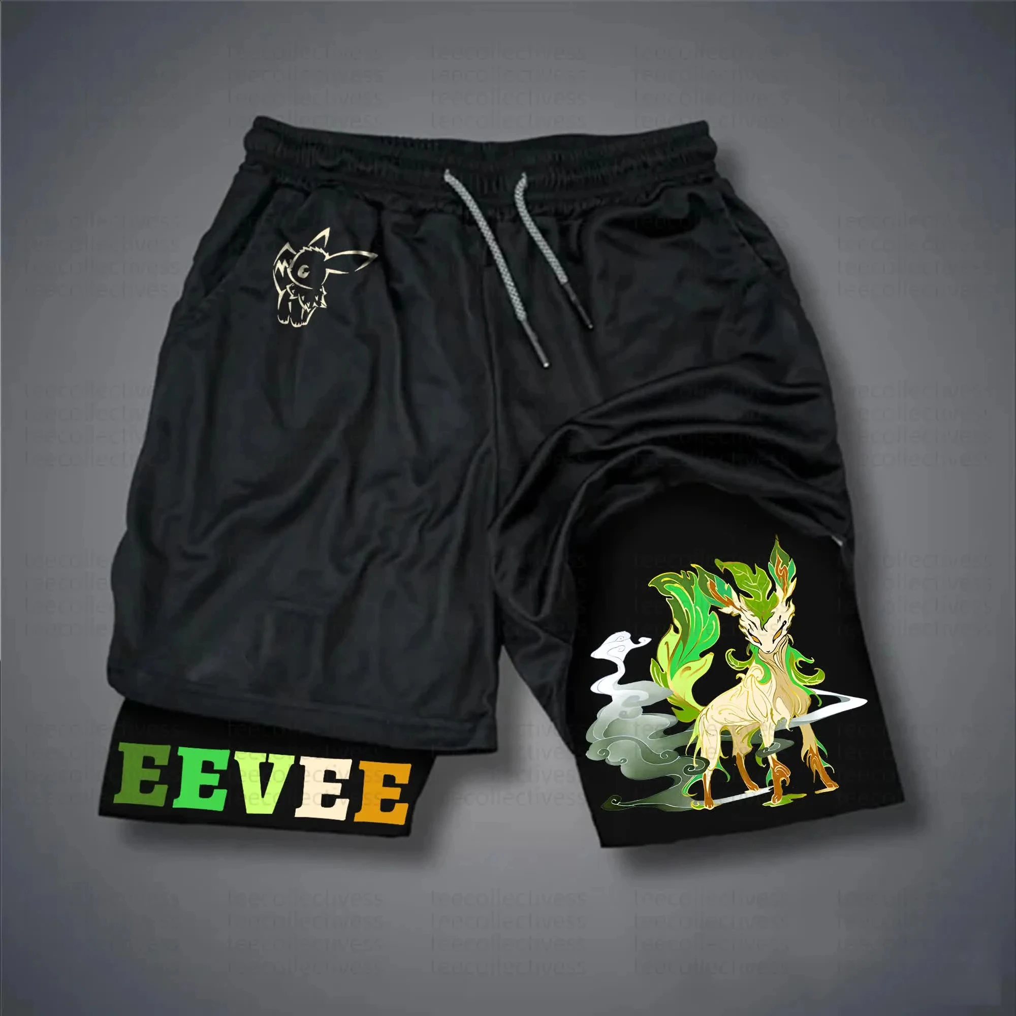 eevee-lefeon-preto-shorts-das-mulheres-dos-homens-2025-primavera-verao-pokemon-anime-algodao-esportes-calcas-casuais-cintura-elastica-folha-verde