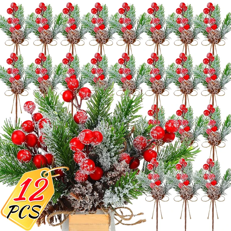 Artificial Pine Cones Stem Christmas Fake Berry Holly Branches Simulation Flower Plant Xmas New Year Navidad Decoration Supplies