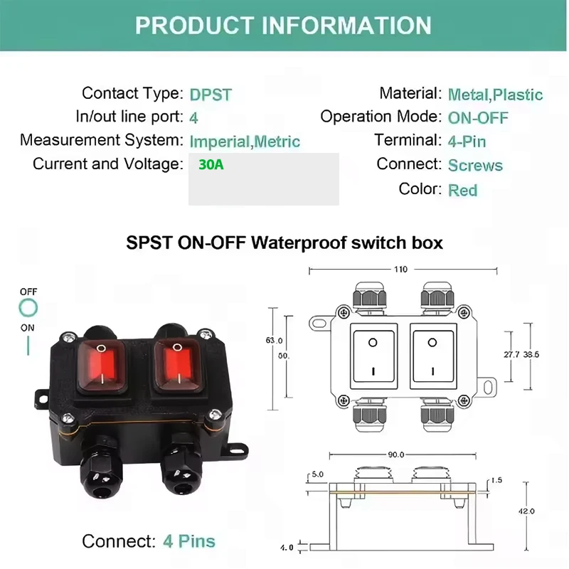 IP66 Waterproof Rocker Toggle DPST Switch with Box Double Side AC/DC 30A/110V~250V Outdoor Electronics Instrument Enclosure