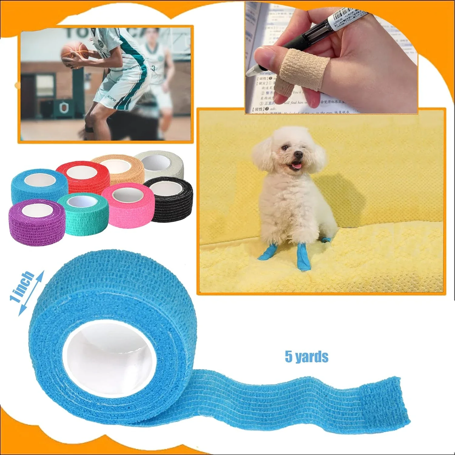 Colorful and Cozy 2-Inch x 5 Yards Elastic Self Adherent Wrap Variety Pack - Sticky and Cohesive Bandage for Athletic Pets - Ide