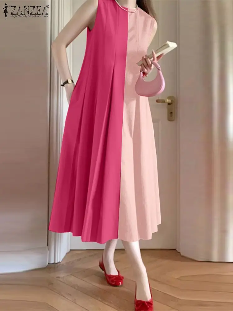 

ZANZEA Pleating Loose Long Robe Summer 2024 Holiday Fashion Colorblock Sundress Korean Casual Sleeveless Tank Dress Oversized