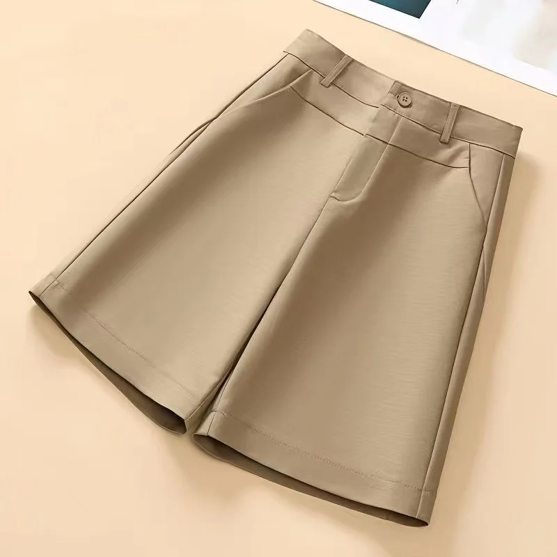 

2025 женские костюмные шорты, новые летние свободные прямые шорты с высокой талией, женские утягивающие повседневные брюки с 5 точками, хаки, белый, черный