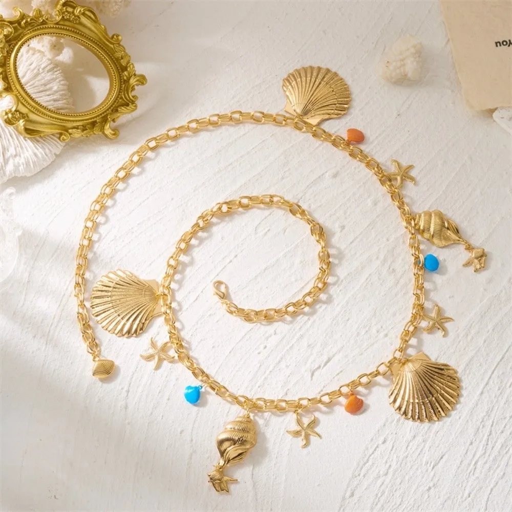 New Starfish Boho Waist Chain Conch Pendant Beads Belly Chain Imitation Pearl Seashell Waistband Beach