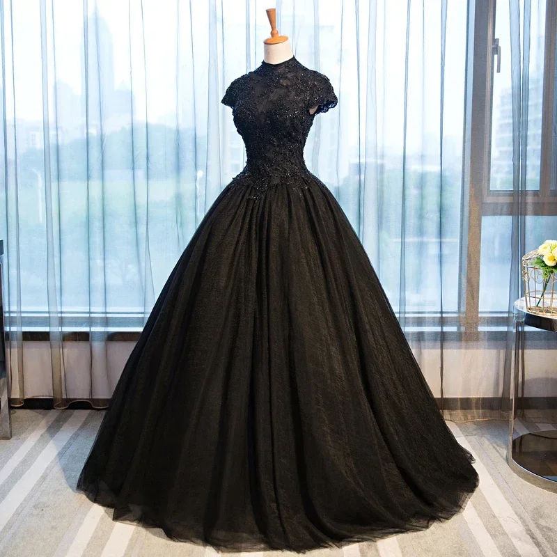 Evening Dress Black Beading Tulle High Collar Lace up Princess Floor Length Plus size Lady Party Formal Ball Gown Robe De Mariee