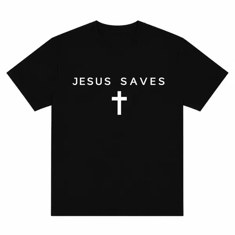 Jesus Saves Cross T-shirt, Christian Faith Letter Print Shirt, Inspirational Graphic Tee Top, Black Shirt for Men, Women, Unisex, Harajuku Streetwear, Oversized Casual Sweet Wear Outfit, Church Gift