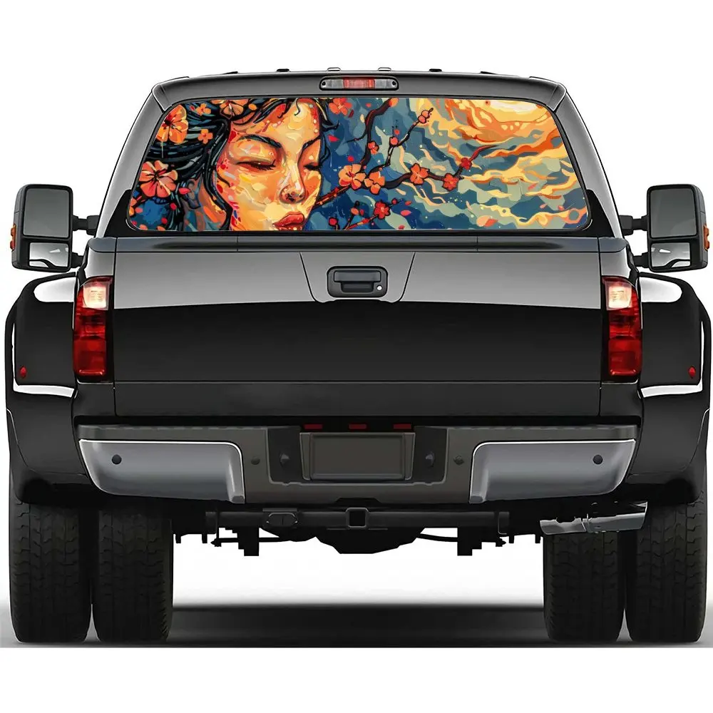 

Geisha Cherry Blossom Print Car Rear Windshield Sticker Truck Window See Through Perforated Back Window Vinyl Decal Decoration
