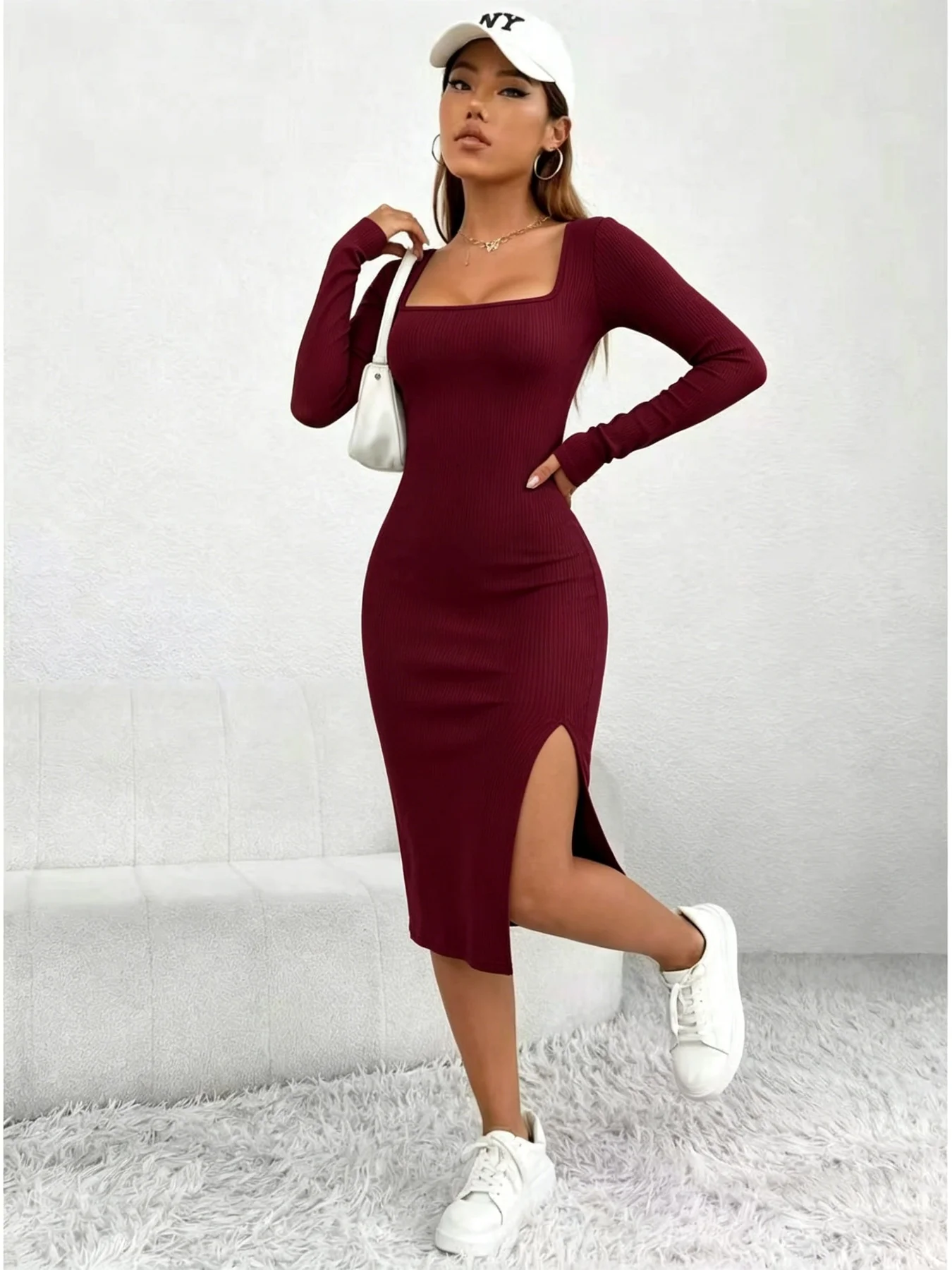 Women's Casual Comfortable Square Neck Long Sleeve Dress Autumn Winter Slit Waist Long Skirt Fashion Elegant Maxi Dress